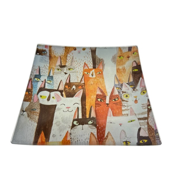 Glass Jewelry Dish, Whimsical Cats, Trinket Tray, Soap, Valet, Vanity Catchall - Picture 5 of 7